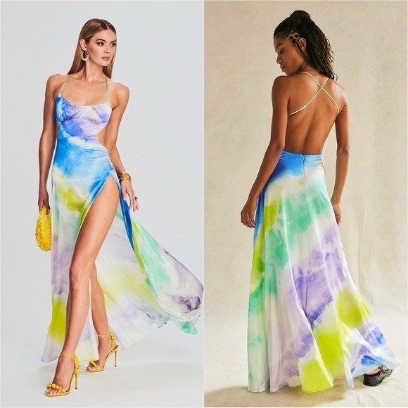 NWT RETROFETE Silk Watercolor Sleeveless Open Back Side Cutout Maxi Slip Gown XS - Picture 6 of 16